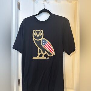 OVO Black Tee with Gold and Red-White-Blue Owl USA